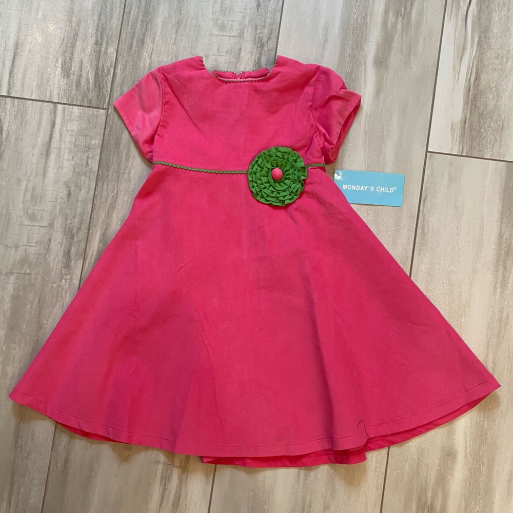 NWT Mondays Child Hot Pink Corduroy Dress with Green Flower & Ric Rac detail 2